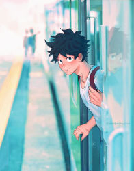 Rule 34 | 1boy, 2others, absurdres, artist name, backpack, bag, black hair, blush, boku no hero academia, collarbone, freckles, green eyes, highres, male focus, midoriya izuku, multiple others, outdoors, parted lips, people, scar, scar on hand, shirt, short hair, smile, solo focus, train, train station, wengwengchim, white shirt