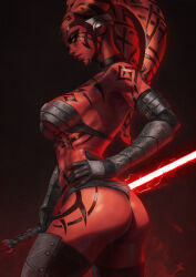 Rule 34 | 1girl, absurdres, alien, black bra, black gloves, black panties, boots, bra, colored skin, darth talon, elbow gloves, energy sword, from side, gloves, hand on own hip, highres, holding, holding lightsaber, holding weapon, lightsaber, monori rogue, panties, red lightsaber, red skin, solo, star wars, star wars: legacy, sword, tattoo, thigh boots, twi&#039;lek, underwear, weapon