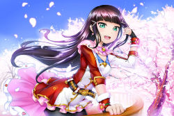 Rule 34 | 1girl, black pantyhose, blue sky, blunt bangs, breasts, brown hair, cherry blossoms, cleavage, crazypen, day, earrings, floating hair, fur trim, green eyes, heart, heart earrings, holding, holding hair, jewelry, kurosawa dia, leaning forward, long hair, long sleeves, love live!, love live! school idol festival, love live! sunshine!!, medium breasts, miniskirt, mole, mole under mouth, outdoors, pantyhose, skirt, sky, solo, standing, straight hair, very long hair, wrist cuffs