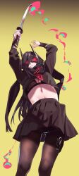 Rule 34 | 1girl, arms up, black bra, black hair, black shirt, black skirt, bra, breasts, brown pantyhose, cleavage, feet out of frame, gradient background, henken, highres, holding, holding sword, holding weapon, katana, long hair, long sleeves, looking at viewer, mask, navel, open mouth, original, pantyhose, scarf, shirt, skirt, small breasts, solo, sword, thigh strap, underwear, upshirt, upskirt, weapon, yellow background