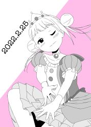 Rule 34 | 1girl, ;), absurdres, arashi chisato, artist name, artist request, blunt bangs, blush, breasts, collarbone, crown, dated, double bun, dress, earrings, female focus, floating hair, frilled dress, frills, gem, gloves, greyscale, hair bun, highres, jewelry, long hair, looking at viewer, love live!, love live! school idol festival, love live! superstar!!, miniskirt, monochrome, necklace, nonfiction!! (love live!), one eye closed, parted lips, pearl (gemstone), pearl necklace, pink background, plaid, plaid dress, plaid skirt, pleated, pleated dress, pleated skirt, puffy short sleeves, puffy sleeves, purple dress, purple skirt, red eyes, short sleeves, skirt, small breasts, smile, solo, tiara, twintails, wavy hair, white background, white gloves, white hair, wink