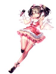 Rule 34 | 10s, 1girl, ;), black hair, blush, bow, double m/, dress, full body, gloves, grin, hair between eyes, hair bow, hair ribbon, irua, leg up, love live!, love live! school idol festival, love live! school idol project, m/, one eye closed, pink thighhighs, red dress, red eyes, ribbon, shoes, short hair, skirt, smile, solo, striped clothes, striped thighhighs, thighhighs, twintails, vertical-striped clothes, vertical-striped thighhighs, white background, white gloves, wings, yazawa nico, zettai ryouiki