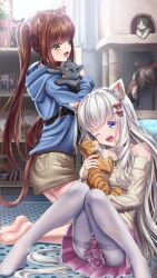 Rule 34 | 2girls, :d, animal, animal ears, bare shoulders, barefoot, blue eyes, blue shirt, bookshelf, brown hair, brown shorts, cat, cat ears, cat girl, cat tail, character request, green eyes, hair ornament, hair scrunchie, hairclip, highres, holding, holding animal, holding cat, kneeling, knees together feet apart, licking, licking another&#039;s face, multiple girls, one eye closed, open mouth, original, pantyhose, pink scrunchie, pink skirt, scrunchie, shirt, shorts, shouu, sitting, skirt, smile, tail, white pantyhose, window