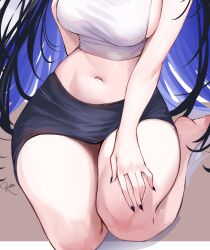Rule 34 | 1girl, black hair, black nails, blue hair, breasts, head out of frame, highres, hololive, hololive english, large breasts, long hair, miniskirt, multicolored hair, nail polish, narrow waist, navel, nerissa ravencroft, pencil skirt, rosebell, skirt, solo, solo focus, thick thighs, thigh focus, thighs, two-tone hair, virtual youtuber, wide hips