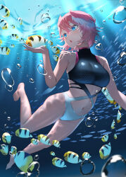 Rule 34 | 1girl, air bubble, alternate costume, bare shoulders, barefoot, black one-piece swimsuit, blue eyes, breasts, bubble, clothing cutout, commentary, english commentary, eyelashes, feet, fish, full body, gradient swimsuit, hair between eyes, hair wings, hand up, highleg, highleg swimsuit, highres, hololive, large breasts, legs, looking to the side, medium hair, multicolored hair, navel, navel cutout, one-piece swimsuit, pink hair, sidelocks, skindentation, skymax, solo, streaked hair, swimming, swimsuit, takane lui, thighs, toes, underwater, virtual youtuber, white hair, white one-piece swimsuit