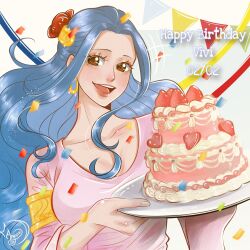 Rule 34 | +++, 1girl, anyumii136, armlet, blue hair, brown hair, cake, character name, commentary, confetti, dated, dress, earrings, english commentary, eyelashes, food, half updo, happy birthday, highres, holding, holding plate, jewelry, light blue hair, long hair, long sleeves, nefertari vivi, one piece, open mouth, pink dress, plate, sidelocks, signature, simple background, smile, solo, strawberry shortcake, upper body, white background