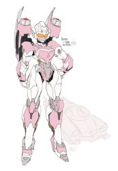 Rule 34 | 1girl, arcee, car, character name, clenched hands, commentary, english commentary, ford, hand on own hip, looking down, mecha, motor vehicle, pollo (pollo pom), redesign, robot, sketch, standing, transformers, visor, white background
