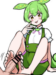 Rule 34 | 1boy, 1girl, arm support, bar censor, barefoot, blush, censored, erection, feet, footjob, frilled sleeves, frills, full body, green hair, green nails, green shorts, hand up, high-waist shorts, knees apart feet together, knees up, legs, motion lines, nail polish, open mouth, out of frame, penis, puffy short sleeves, puffy shorts, puffy sleeves, satou (su9arsatou), shirt, short hair, short sleeves, shorts, simple background, smug, soles, suspender shorts, suspenders, toenail polish, toenails, toes, two-footed footjob, voicevox, white background, white shirt, yellow eyes, zundamon