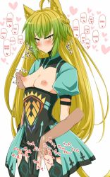 Rule 34 | ahoge, animal ears, atalanta (fate), blonde hair, blush, breasts, breasts out, cat ears, cat tail, demekyon, fate/apocrypha, fate (series), fingering, grabbing, grabbing another&#039;s breast, green eyes, green hair, highres, multicolored hair, nipple stimulation, nipple tweak, nipples, pussy juice, small breasts, tail, thighs, white background