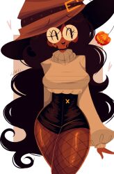 Rule 34 | 1girl, artist name, auri (xoauri), black hair, breasts, dark-skinned female, dark skin, fishnet pantyhose, fishnets, glasses, hat, highres, jack-o&#039;-lantern, large breasts, long hair, non-web source, original, pantyhose, pumpkin, shorts, smile, thick thighs, thighs, very long hair, wide hips, witch hat
