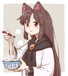 Rule 34 | 1girl, animal ear fluff, animal ears, blush, border, bowl, brooch, brown hair, chopsticks, commentary request, dress, food, frilled sleeves, frills, grey background, hand up, holding, holding bowl, holding chopsticks, imaizumi kagerou, jewelry, long hair, long sleeves, looking at viewer, noodles, outside border, parted lips, poronegi, ramen, red eyes, sidelocks, simple background, solo, steam, touhou, upper body, white border, white dress, wide sleeves, wolf ears