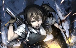 Rule 34 | 10s, 1girl, arrow (projectile), bow (weapon), brown eyes, brown hair, fire, gloves, hetza (hellshock), japanese clothes, kaga (kancolle), kantai collection, motion blur, muneate, open mouth, personification, side ponytail, single glove, skirt, smoke, solo, sparks, splashing, water, weapon