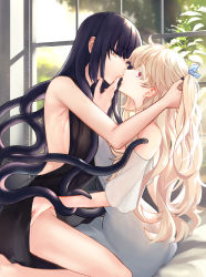 Rule 34 | 2girls, albino, albino and witch, black hair, commentary request, finger to another&#039;s mouth, hand under clothes, highres, indoors, light particles, long hair, majo shuukai de aimashou, mitsu (tendou itsuki), multiple girls, original, red eyes, tentacles, window, yellow eyes, yuri