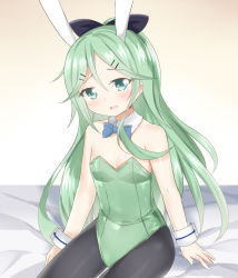 Rule 34 | 10s, 1girl, animal ears, black pantyhose, bow, bowtie, detached collar, fake animal ears, green eyes, green hair, highres, kantai collection, leotard, long hair, looking at viewer, open mouth, pantyhose, playboy bunny, ponytail, rabbit ears, re-arusu, sitting, solo, wrist cuffs, yamakaze (kancolle)