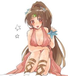 Rule 34 | 1girl, bad id, bad twitter id, breasts, brown eyes, brown hair, circlet, cleavage, fire emblem, fire emblem: mystery of the emblem, fire emblem heroes, highres, linde (fire emblem), long hair, matumuraaaa, nintendo, open mouth, pink one-piece swimsuit, ponytail, simple background, sitting, solo, starfish, swimsuit, very long hair, white background