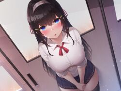 Rule 34 | 1girl, black hair, black skirt, blue eyes, blush, breasts, collared shirt, covered erect nipples, door, doorway, hair ornament, hair ribbon, hairband, hairclip, heart, heart-shaped pupils, highres, large breasts, long hair, looking at viewer, non-web source, open mouth, original, own hands together, pleated skirt, ribbon, school uniform, shirt, simple background, skirt, solo, standing, symbol-shaped pupils, teeth, thighhighs, toyosaki shu, uniform, upper teeth only, very long hair, white shirt