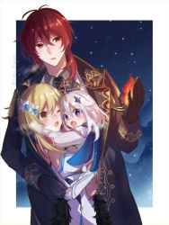 Rule 34 | 1boy, 2girls, black gloves, blonde hair, breasts, coat, diluc (genshin impact), eyebrows hidden by hair, fire, fire, flower, genshin impact, gloves, hair between eyes, hair flower, hair ornament, hairclip, halo, highres, hug, looking at viewer, lumine (genshin impact), multiple girls, one eye closed, open mouth, paimon (genshin impact), red eyes, red hair, short hair, skirt, snow, snowing, tapuchan, white hair, winter, winter clothes