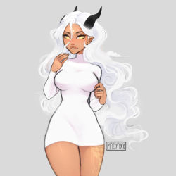 Rule 34 | 1girl, absurdres, arm up, black horns, breasts, cloudbae (madyaxx), commentary, cowboy shot, dark-skinned female, dark skin, dress, english commentary, grey background, hair between eyes, heart, heart-shaped pupils, highres, horns, large breasts, leg tattoo, long hair, long sleeves, looking at viewer, madyaxx, original, parted lips, pencil dress, pointy ears, signature, simple background, solo, symbol-shaped pupils, tattoo, thick lips, thighs, turtleneck, turtleneck dress, very long hair, wavy hair, white dress, white hair, yellow eyes