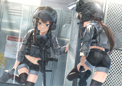 Rule 34 | 1girl, adjusting clothes, adjusting shoe, ammunition pouch, ass, belt, black thighhighs, blue eyes, boots, brown hair, combat boots, combat helmet, commission, crop top, dreadtie, gun, h&amp;k mp7, headset, helmet, highres, midriff, navel, original, personal defense weapon, bulletproof vest, ponytail, pouch, reflection, short shorts, shorts, skeb commission, skindentation, submachine gun, suppressor, tactical clothes, termichan (not-a-bot), thighhighs, watermark, weapon, zettai ryouiki