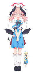 Rule 34 | 2girls, absurdres, apron, black footwear, black wings, blonde hair, blue apron, blue archive, blue eyes, blush, bow, bowtie, commentary request, feathered wings, full body, halo, head wings, highres, kneehighs, koharu (blue archive), long hair, looking at viewer, low wings, multiple girls, nervous, ogipote, open mouth, pink eyes, pink hair, red skirt, shirt, shoes, short sleeves, simple background, skirt, socks, solo focus, sora (blue archive), straight-on, striped bow, striped bowtie, striped clothes, translation request, twintails, uniform, v arms, white background, white shirt, white socks, wings