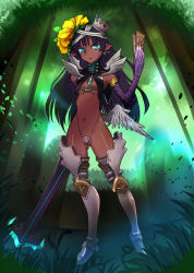 Rule 34 | 1girl, :o, aqua eyes, armor, bad id, bandages, bandeau, belt, belt bra, blue hair, blunt bangs, breasts, bursting breasts, card, crown, dark-skinned female, dark skin, earrings, elf, flat chest, flower, glowing, grass, greaves, hair flower, hair ornament, highleg, highleg panties, hime cut, holding, holding card, jewelry, leaf, long hair, looking at viewer, midriff, nature, navel, open clothes, open mouth, open shirt, original, outdoors, panties, pendant, pointy ears, shirt, sky, small breasts, solo, standing, sword, thighhighs, turtleneck, underboob, underwear, weapon, white thighhighs, wings, zero hime