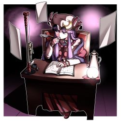 Rule 34 | 1girl, book, capelet, crescent, crescent pin, dark background, desk, dress, frown, hand to own mouth, hat, kikoka (mizuumi), lamp, long sleeves, mob cap, paper, patchouli knowledge, pen, purple eyes, purple hair, quill, shawl, shoes, sitting, solo, striped clothes, striped dress, touhou