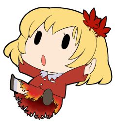 Rule 34 | 0 0, 1girl, :o, aki shizuha, blonde hair, buttons, chibi, falling, female focus, full body, hair ornament, leaf, leaf hair ornament, no nose, outstretched arms, shoes, short hair, simple background, skirt, skirt set, socks, solo, spread arms, touhou, ume (noraneko), white background