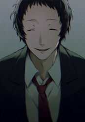 Rule 34 | 1boy, adachi tooru, black hair, black jacket, closed eyes, collared shirt, commentary request, facing viewer, grey background, jacket, male focus, necktie, open mouth, persona, persona 4, red necktie, shirt, short hair, smile, solo, upper body, white shirt, yoshino saku