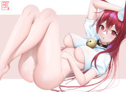 Rule 34 | 1girl, animal ears, ass, bare legs, barefoot, bell, breasts, cat ears, collar, crop top, kono (xerondan321), large breasts, long hair, neck bell, open mouth, original, panties, red eyes, red hair, shirt, short sleeves, simple background, underwear, white background