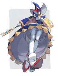 Rule 34 | 1girl, android, berkana (mega man), blonde hair, breasts, gloves, hat, head tilt, highres, huanxiang huifeng, large breasts, long hair, mega man (series), mega man x (series), mega man xtreme 2, open mouth, robot, robot ears, smile, solo, staff, white gloves, witch, witch hat
