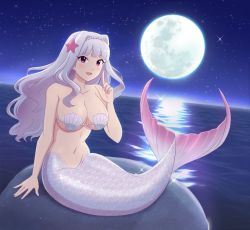 Rule 34 | absurdres, breasts, cleavage, fins, fish tail, highres, idolmaster, idolmaster (classic), jewelry, kiria021, large breasts, long hair, looking at viewer, mermaid, monster girl, monsterification, moon, ocean, open mouth, rock, shell, shell bikini, shijou takane, sitting, sitting on rock, sky, smile, star (sky), starry sky, tail