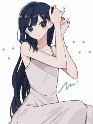 Rule 34 | 1girl, bare arms, bare shoulders, black eyes, black hair, blue eyes, blue hair, closed mouth, collarbone, dress, hands up, highres, long hair, looking at viewer, maco22, original, simple background, sitting, sleeveless, sleeveless dress, solo, spaghetti strap, very long hair, white background, white dress