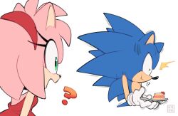 Rule 34 | !?, 1boy, 1girl, ?, amy rose, animal ears, animal nose, artist name, back, bare back, bare shoulders, blue fur, breasts, cake, closed mouth, commentary, dress, eating, eyelashes, food, fork, furry, furry female, furry male, gloves, green eyes, hairband, hands up, hedgehog, hedgehog ears, hedgehog girl, hedgehog tail, holding, holding fork, holding plate, kiioki11, looking at another, looking away, medium breasts, open mouth, pink fur, plate, red dress, red hairband, simple background, sleeveless, sleeveless dress, smile, sonic (series), sonic the hedgehog, standing, symbol-only commentary, tail, white background, white gloves