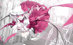 Rule 34 | 1girl, bandages, cierra (ra-bit), dress, flandre scarlet, flying, hat, long hair, looking at viewer, mob cap, monochrome, open mouth, pink dress, pink eyes, puffy short sleeves, puffy sleeves, shirt, short sleeves, side ponytail, smile, solo, spot color, stairs, stuffed animal, stuffed rabbit, stuffed toy, touhou, wings