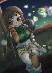 Rule 34 | 1girl, armor, blush, breasts, brown eyes, brown hair, chamaji, commentary request, final fantasy, final fantasy vii, fireworks, fishnets, gauntlets, gloves, gold saucer, headband, light particles, looking away, looking to the side, loose socks, medium breasts, midriff, navel, night, night sky, open fly, open mouth, ribbed sweater, short hair, shorts, shoulder armor, single gauntlet, sitting, sky, sleeveless, sleeveless turtleneck, smile, socks, solo, square enix, sweater, turtleneck, window, wooden wall, yuffie kisaragi