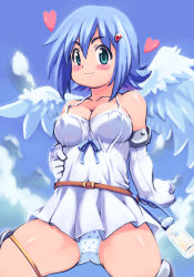 Rule 34 | 00s, 1girl, angel, angel of light nanael, angel wings, asymmetrical wings, bare shoulders, blue hair, blush, breasts, cleavage, covered erect nipples, elbow gloves, gloves, green eyes, heart, highres, large breasts, miniskirt, nanael (queen&#039;s blade), nanael (queen's blade), panties, polka dot, polka dot panties, queen&#039;s blade, skirt, solo, underwear, wings, yu 3