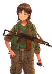 Rule 34 | 1girl, absurdres, ak-74, aks-74, ammunition pouch, assault rifle, badge, belt, belt buckle, black eyes, blush, brown hair, brown pants, buckle, button badge, camouflage, camouflage jacket, camouflage pants, cargo pants, charm (object), closed mouth, collar tabs, collarbone, folding stock, green shirt, gun, gun sling, hair ornament, hairclip, hand on own hip, highres, holding, holding walkie-talkie, hood, hood down, hooded jacket, jacket, kalashnikov rifle, light frown, looking to the side, military, military jacket, military uniform, nikolai ezhov, open clothes, open jacket, orange belt, original, pants, patch, pocket, pouch, rifle, shirt, short hair, simple background, sleeves past elbows, sleeves rolled up, soldier, solo, star (symbol), t-shirt, uniform, walkie-talkie, watch, weapon, white background, wristwatch