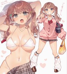 Rule 34 | 1girl, :o, armpits, arms up, bare shoulders, bow, bowtie, bra, bracelet, breasts, breath, brown hair, buttons, cardigan, cleavage, collarbone, collared shirt, fang, grey eyes, grey skirt, grin, highres, holding, jewelry, large breasts, loafers, long hair, long sleeves, looking at viewer, loose socks, miniskirt, multiple views, nail polish, navel, navel piercing, necklace, open mouth, original, piercing, pink cardigan, plaid, plaid skirt, pleated skirt, puffy sleeves, sakura yuki (clochette), school uniform, shirt, shoes, simple background, skindentation, skirt, smile, socks, stomach, string bra, sweat, thighs, twintails, undershirt, underwear, undressing, white background, white bra, white legwear, white shirt