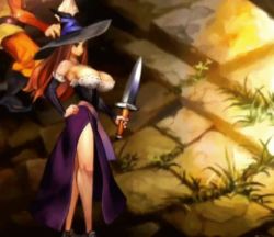 Rule 34 | 1girl, animated, animated gif, attack, bare legs, bare shoulders, bouncing breasts, breasts, brown hair, cleavage, curvy, detached sleeves, dragon&#039;s crown, dress, female focus, full body, hat, holding, holding knife, holding weapon, huge breasts, knife, long hair, motion blur, open mouth, outdoors, shoes, side slit, skirt, solo focus, witch, sorceress (dragon&#039;s crown), standing, thighs, throwing, vanillaware, weapon, wide hips, witch hat