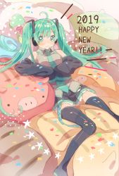 Rule 34 | +++, 1girl, 2019, animal, animal-shaped pillow, arms at sides, bad id, bad pixiv id, bare shoulders, blue eyes, blue hair, blush, colorful, dated, detached sleeves, expressionless, eyelashes, full body, grey shirt, happy new year, hatsune miku, highres, long hair, looking away, lying, new year, pig, pillow, pink ribbon, polka dot, ribbon, shirt, skirt, sleeveless, sleeveless shirt, solo, spread legs, star (symbol), thighhighs, very long hair, vocaloid, yuya kyoro