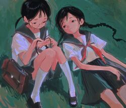 Rule 34 | 2girls, black eyes, black footwear, black hair, black skirt, braid, briefcase, closed mouth, expressionless, from above, glasses, grass, hidari (nanmu-left), highres, kneehighs, knees together feet apart, knees up, loafers, looking at another, looking to the side, low twintails, lying, mole, mole under eye, multiple girls, neckerchief, on back, original, outdoors, playing with another&#039;s hair, red neckerchief, round eyewear, school briefcase, school uniform, serafuku, shoes, short sleeves, short twintails, side-by-side, sitting, skirt, socks, twin braids, twintails, white socks