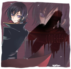 Rule 34 | 00s, 1boy, artist name, black hair, blood, cape, code geass, copyright name, lelouch vi britannia, looking at viewer, looking back, male focus, purple eyes, smile, solo, upper body, yukian, zoom layer