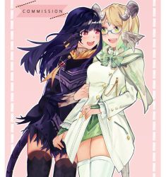 Rule 34 | 2girls, au ra, warrior of light (ff14), black hair, black legwear, blonde hair, blush, bow, braid, commentary, commission, dress, english commentary, final fantasy, final fantasy xiv, glasses, green bow, horns, jacket, long hair, long sleeves, looking at another, multiple girls, original, pink background, red eyes, rirene rn, scales, short hair, simple background, smile, tail, teeth, thighhighs, upper teeth only, white jacket, white legwear