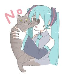 Rule 34 | 1girl, animal, bare shoulders, black sleeves, blue hair, blue necktie, cat, collared shirt, commentary, covering another&#039;s eyes, cropped torso, detached sleeves, facing another, grey shirt, hair between eyes, hair ornament, hatsune miku, highres, holding, holding animal, long sleeves, necktie, no, rejection, shirt, simple background, sleeveless, sleeveless shirt, solo, twintails, vocaloid, white background, yurimozyu2038