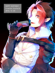 Rule 34 | 10s, 1boy, black hair, blood, braid, capelet, character name, crowley eusford, dated, fangs, glass, gloves, happy birthday, male focus, multicolored hair, open mouth, owari no seraph, pointy ears, red eyes, red hair, solo, teeth, two-tone hair, upper body