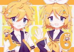 Rule 34 | 1boy, 1girl, amul, anniversary, arm warmers, black sailor collar, blonde hair, blue eyes, bow, chibi, fang, hair bow, hair ornament, hairclip, headphones, headset, highres, index finger raised, kagamine len, kagamine rin, looking at viewer, neckerchief, open mouth, outline, ribbon, sailor collar, short hair, short ponytail, siblings, smile, sparkle, twins, vocaloid, white bow, white outline, yellow neckerchief