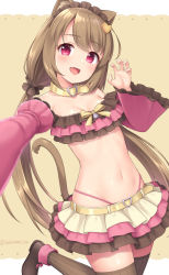 Rule 34 | 1girl, :d, animal ears, bandeau, belt, belt collar, blush, breasts, brown hair, brown thighhighs, cat ears, cat tail, claw pose, cleavage, collar, detached sleeves, fang, food-themed hair ornament, hair ornament, hand up, heart, heart hair ornament, highres, juliet sleeves, layered skirt, long hair, long sleeves, looking at viewer, low twintails, miniskirt, navel, open mouth, original, pink eyes, puffy sleeves, ribbed legwear, sasaame, skin fang, skirt, smile, solo, standing, standing on one leg, stomach, strapless, tail, tail raised, thighhighs, torte (sasaame), tube top, twintails, very long hair, wide sleeves, yellow belt
