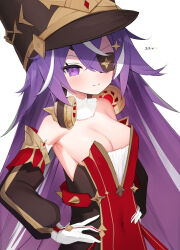 Rule 34 | 1girl, bare shoulders, black hat, black sleeves, blush, breasts, chevreuse (genshin impact), cisyo, cleavage, closed mouth, covered navel, detached sleeves, earmuffs, earmuffs around neck, eyepatch, genshin impact, gloves, hands on own hips, hat, headphones, headphones around neck, highres, looking at viewer, medium breasts, multicolored hair, purple eyes, purple hair, simple background, smile, solo, two-tone hair, white background, white gloves, white hair