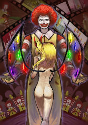Rule 34 | 1boy, 1girl, 2b-ge, afro, ass, back, blonde hair, clothed male nude female, clown, cowboy shot, crossover, crystal, evil grin, evil smile, facepaint, flandre scarlet, from behind, gloves, glowing, grin, hands up, height difference, highres, long sleeves, looking at viewer, looking back, mcdonald&#039;s, medium hair, meme, nude, orange eyes, ran ran ru, red hair, ronald mcdonald, side ponytail, smile, standing, striped, touhou, wings