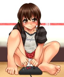 Rule 34 | 1girl, annoyed, barefoot, blush, brown eyes, brown hair, clothes writing, controller, feet, game controller, hair ornament, joystick, legs, original, panties, pantyshot, playing games, rg (gumin), side ponytail, skirt, soles, solo, tears, toes, underwear, upskirt